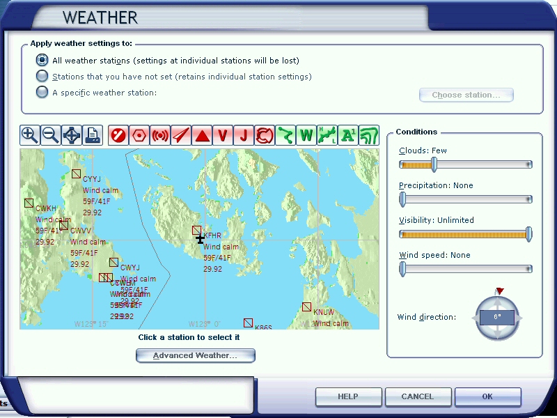 FSX can also import real-world weather conditions for real-world locations and update them periodically. But, my favorite is creating my own weather conditions. It's got quickie weather creation or very detailed ones below. 