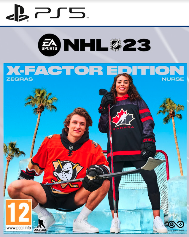 Trevor Zegras and Sarah Nurse on the cover of NHL 23