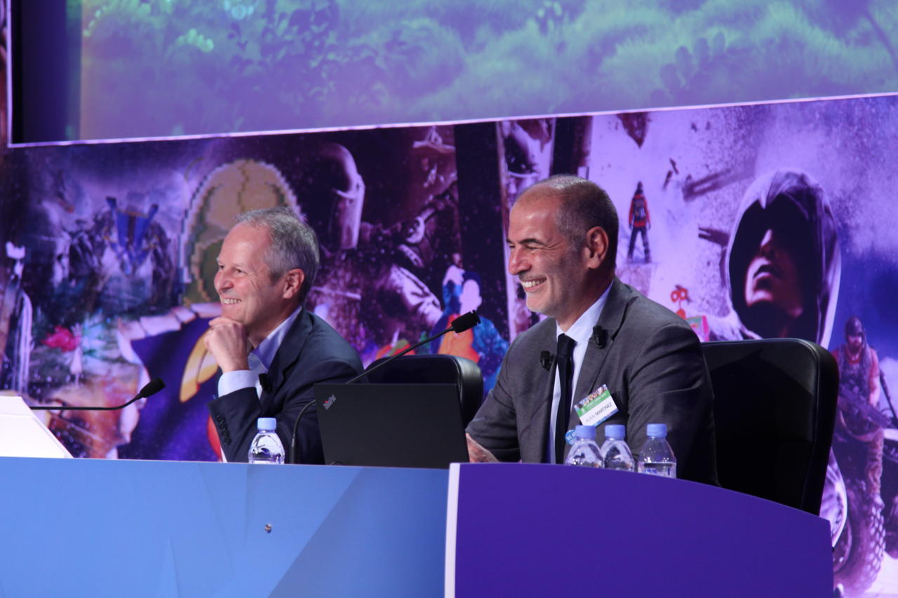 CEO Yves Guillemot and CFO Alain Martinez at last year's shareholders meeting. Image credit: Ubisoft