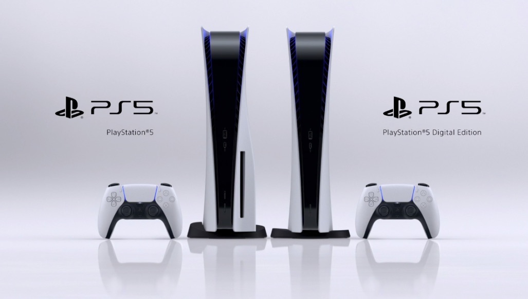 The PS5 Digital Edition, next to the standard PlayStation 5