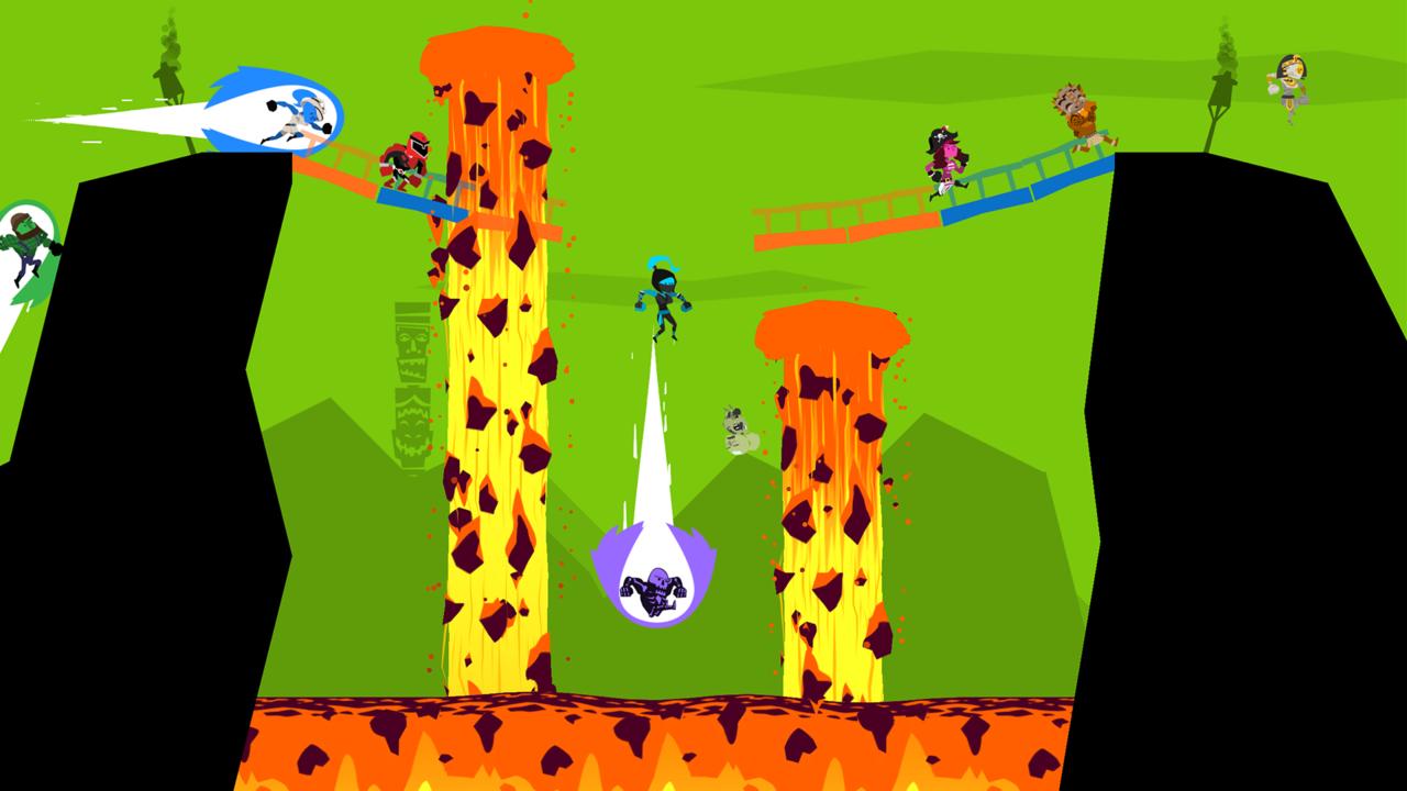 As the background changes colors, platforms disappear, leading to unexpected nose dives into lava, spikes, and other hazards.