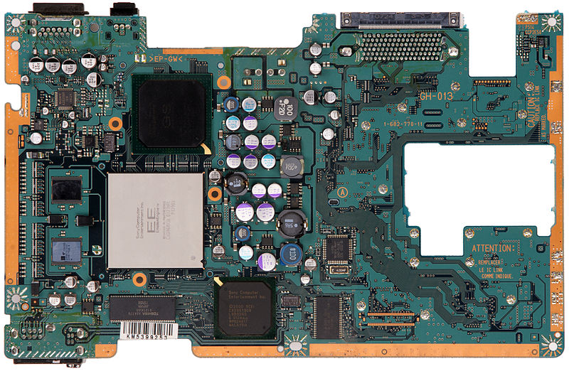 A top-down view of the PS2's motherboard.