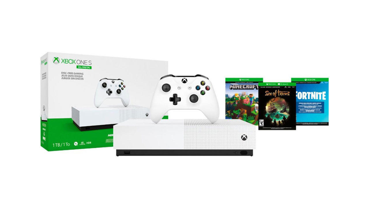 Xbox One S All-Digital bundle with Minecraft, Sea of Thieves, and Fortnite content - $150