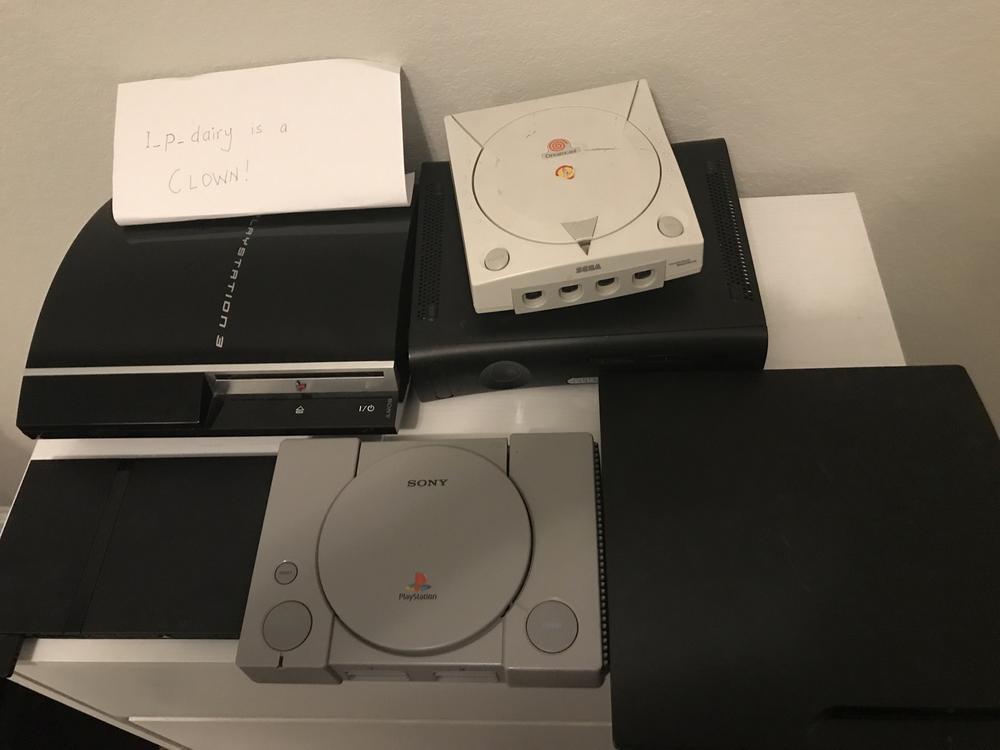 My PS1, PS2 Slim, PS3 Phat, PS3 Slim, Dreamcast. and Xbox 360