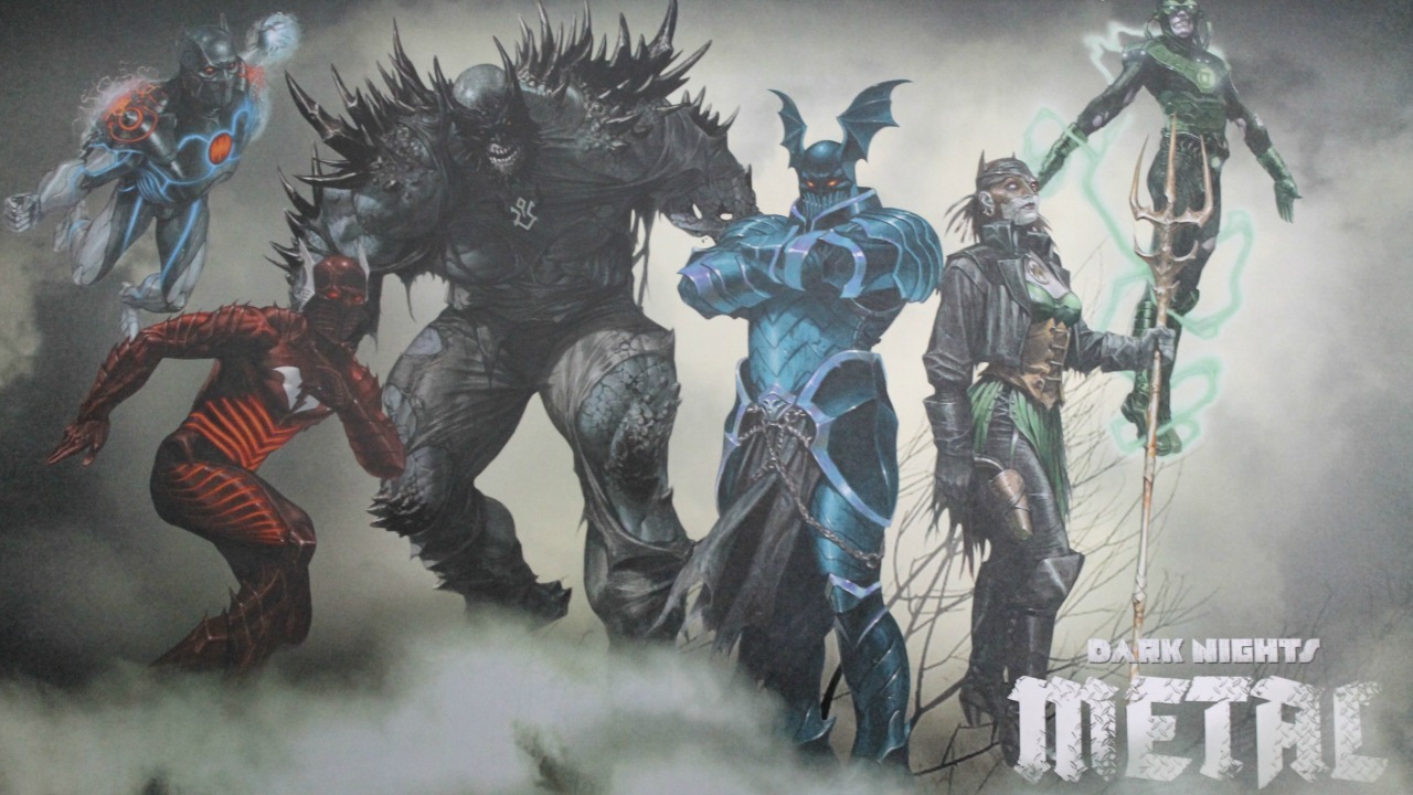 Promo art for Dark Nights: Metal, which mixes Batman with other characters in a horrific way.