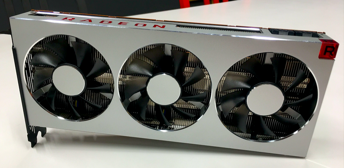A closer look at the Radeon VII card and its sleek silver aluminum shroud with a triple-fan cooling system. See the card from all angles in the gallery below.