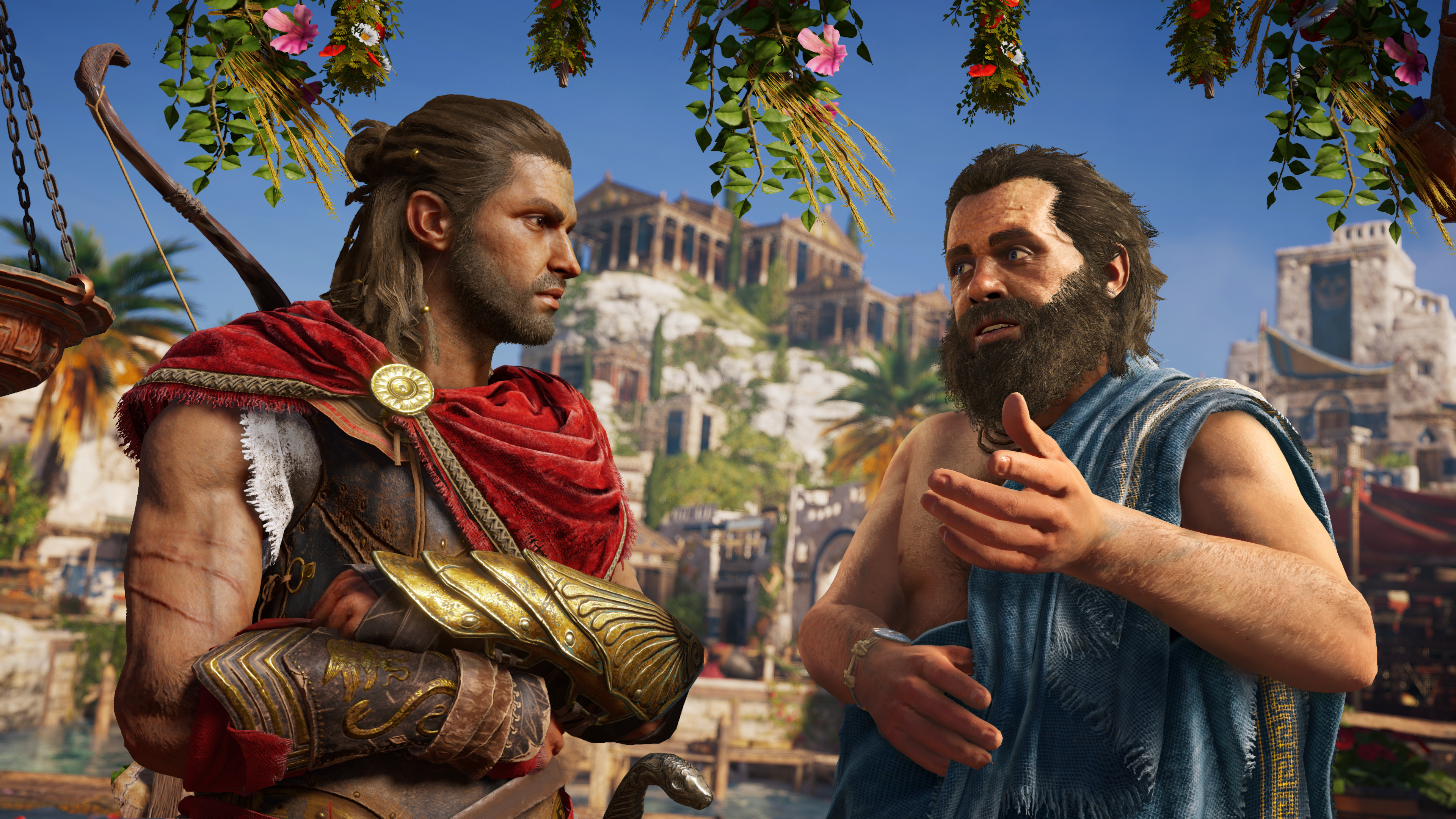Male protagonist Alexios speaking with Socrates, one of the many ways Odyssey incorporates Greek history.