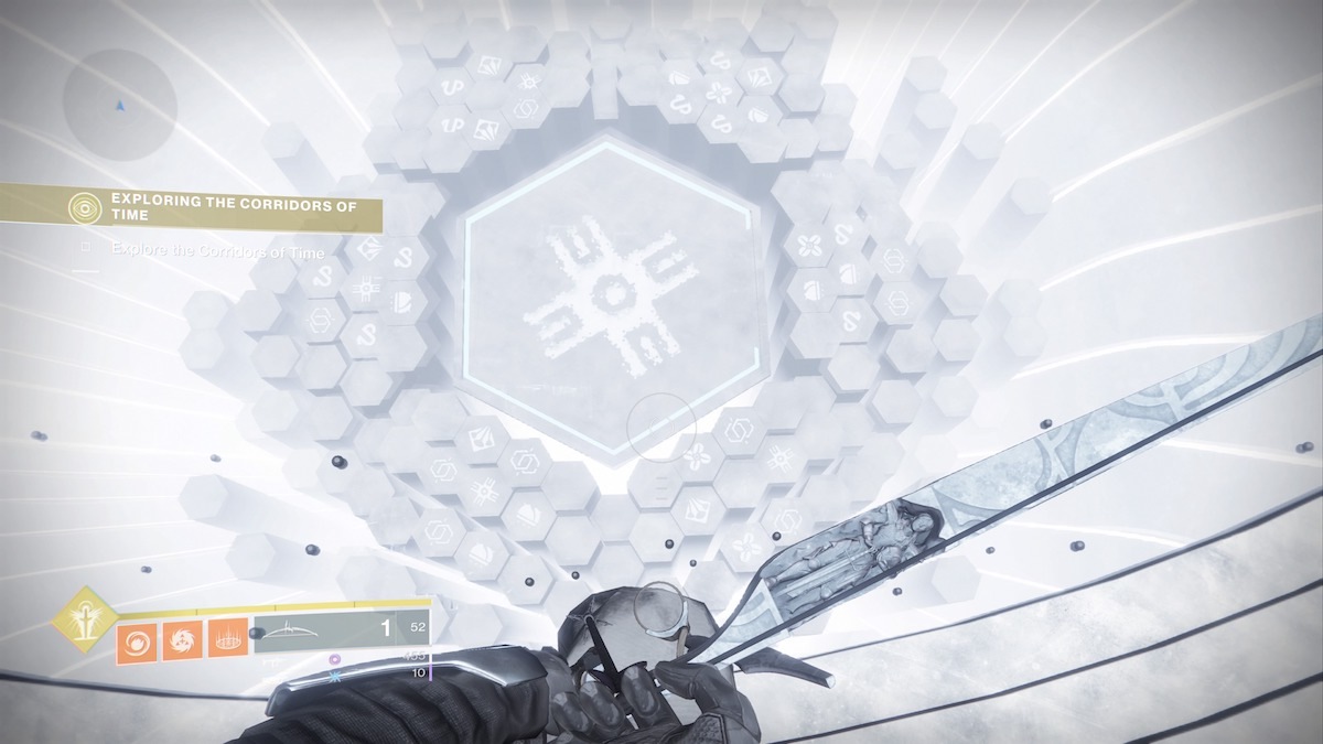 Looking down through the glass floor of the Timelost Vault reveals these hexagonal codes. By finding codes with patterns on the edges that correspond, the Destiny 2 community managed to create a map that provides a new path through the Corridors of Time.