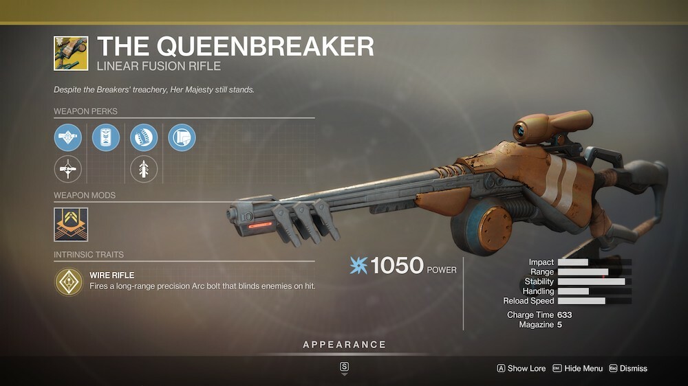 The Queenbreaker was a Gambit mainstay for a long while, but while it's not used nearly as much anymore, it's still a solid sniper-like Heavy weapon that can blind foes at take them out at long range.