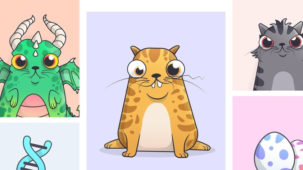 CryptoKitties is a game about collecting and breeding weird cats, but uses Etherium and NFTs to create a marketplace for buying and selling them.