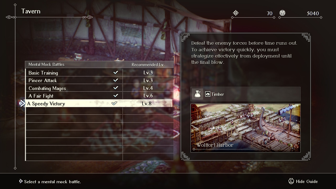 The list of available Mock Battles can be accessed in the encampment by speaking with the bartender.
