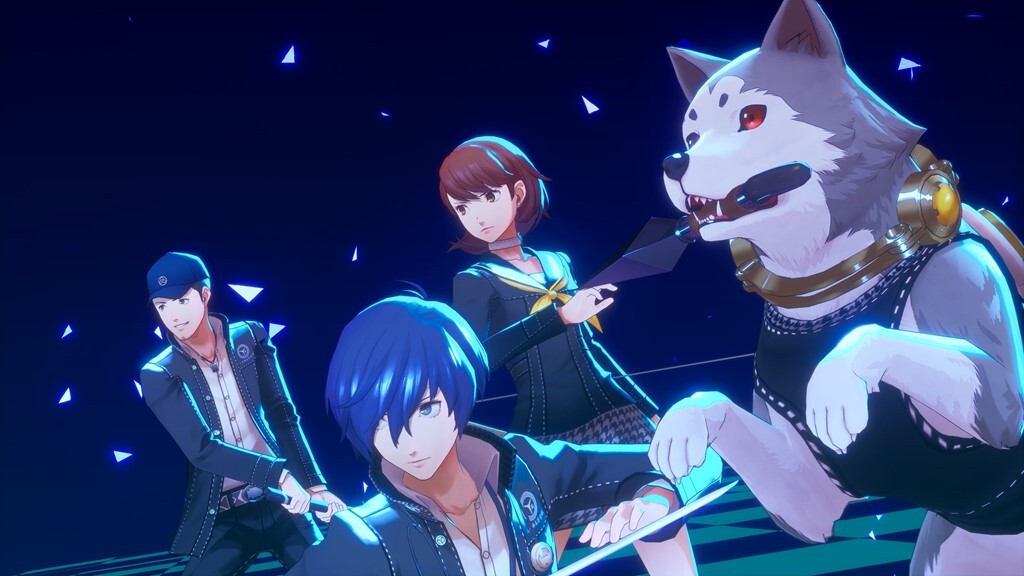 Junpei, Yukari, Koromaru, and the protagonist unleash an All-Out Attack.