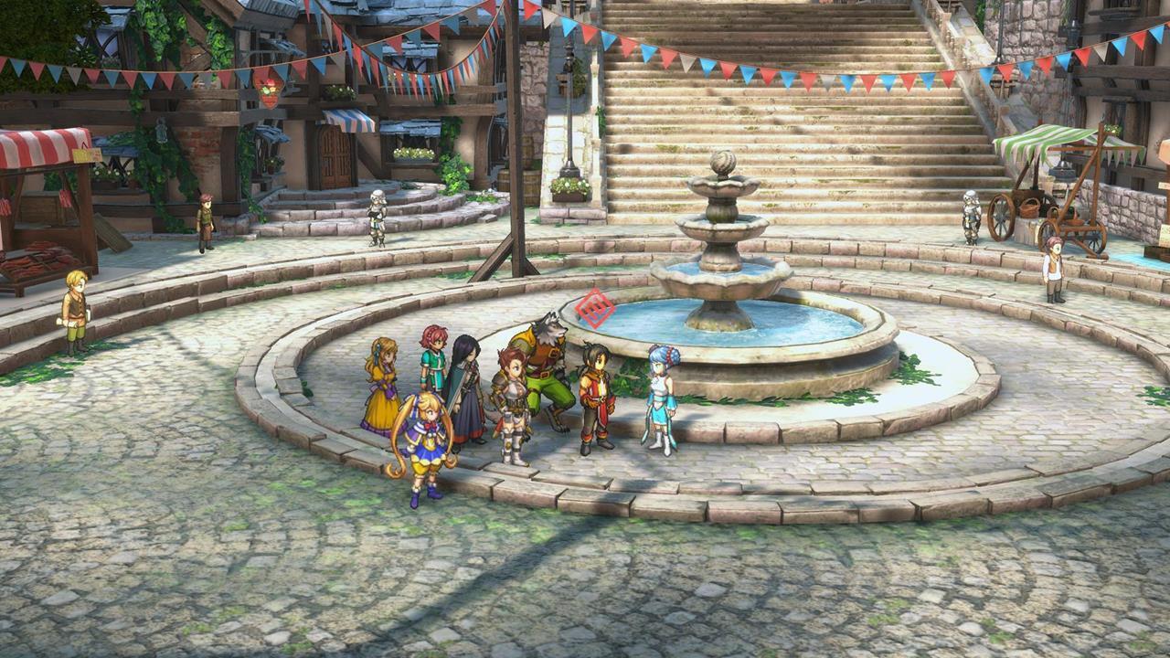 Nowa and party members stand by a fountain.