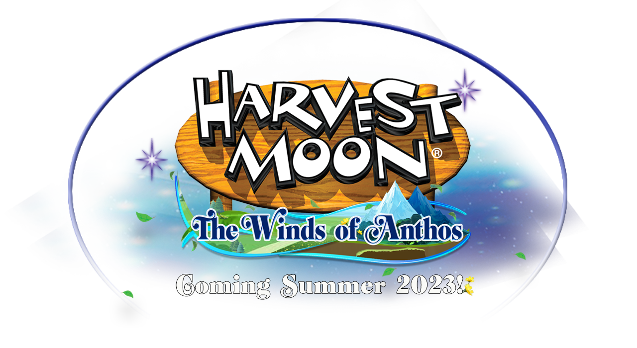 The Harvest Moon: The Winds of Anthos logo, which features a green landscape with looming snow-covered mountains.