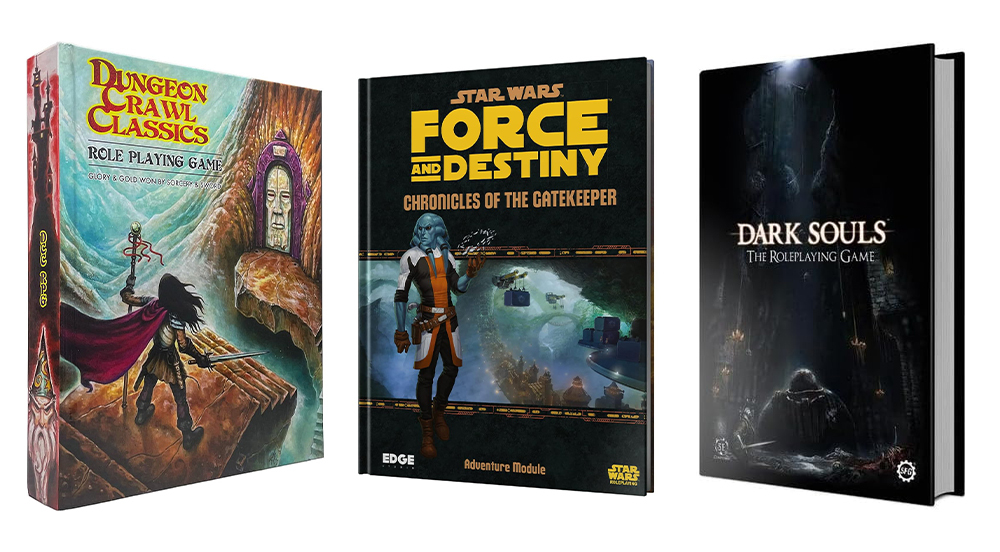 Dungeon Crawl Classics rulebook, Star Wars: Force & Destiny: Chronicles of the Gatekeeper adventure module, and Dark Souls: The Roleplaying Game source book