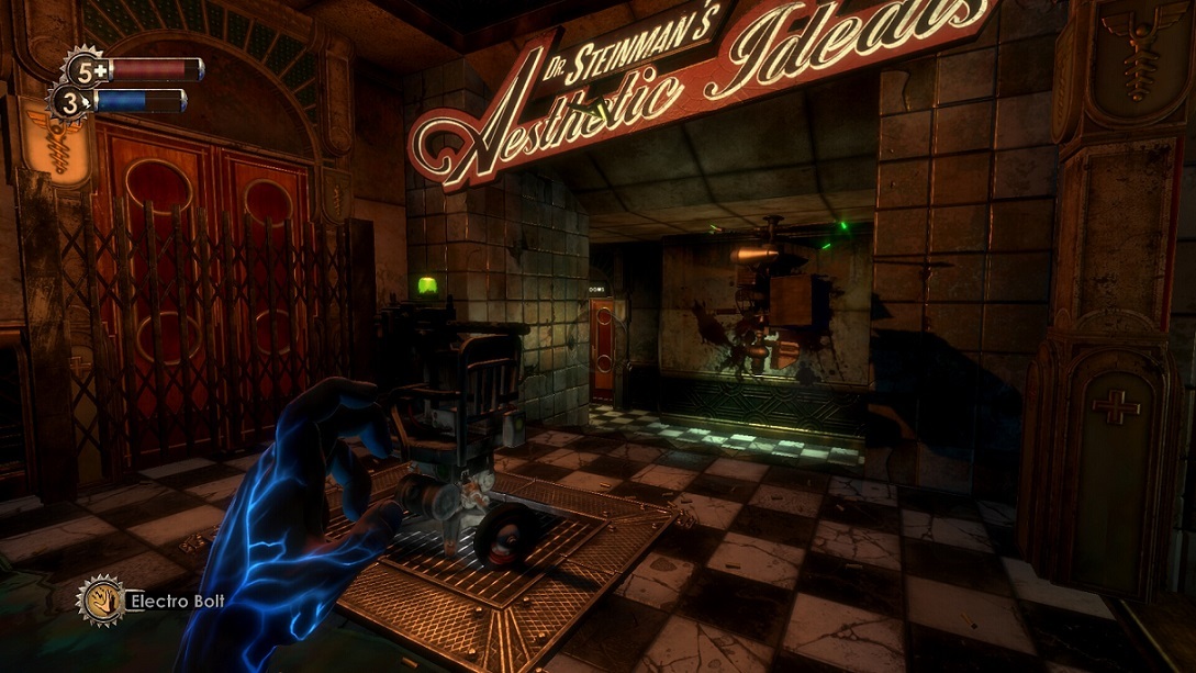 BioShock gameplay, which shows the player character with a plasmid power equipped