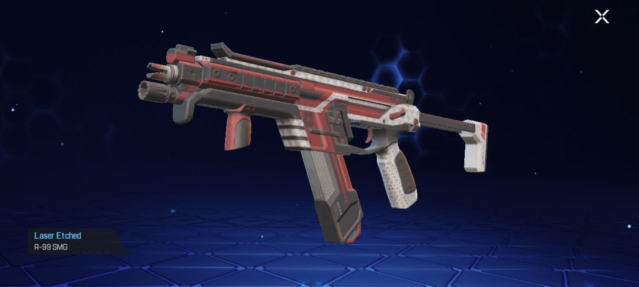 The laser engraved R-99 weapon skin seen in Apex Legends Mobile.
