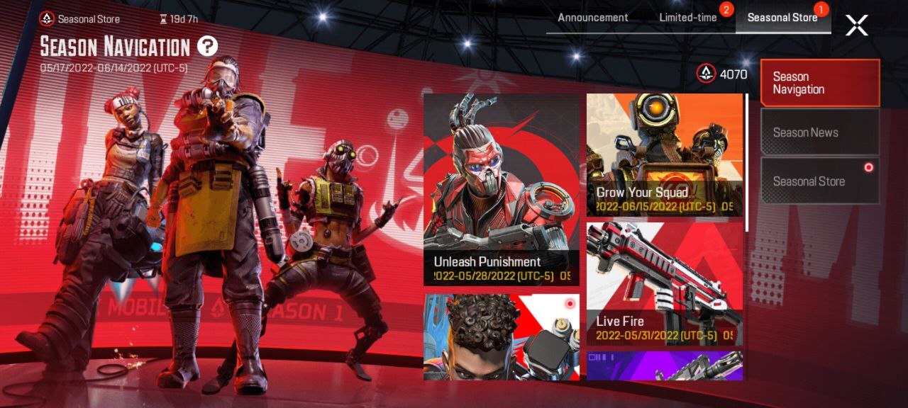 Apex Legends Mobile Season Navigation page, Live Fire event in right column.