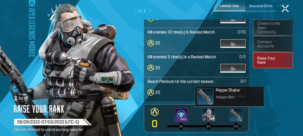The Raise Your Rank event page give players a look at Caustic's Sterile Instruments character skin.