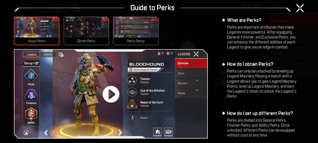 An in-game explanation of how Apex Mobile's Perk system works.