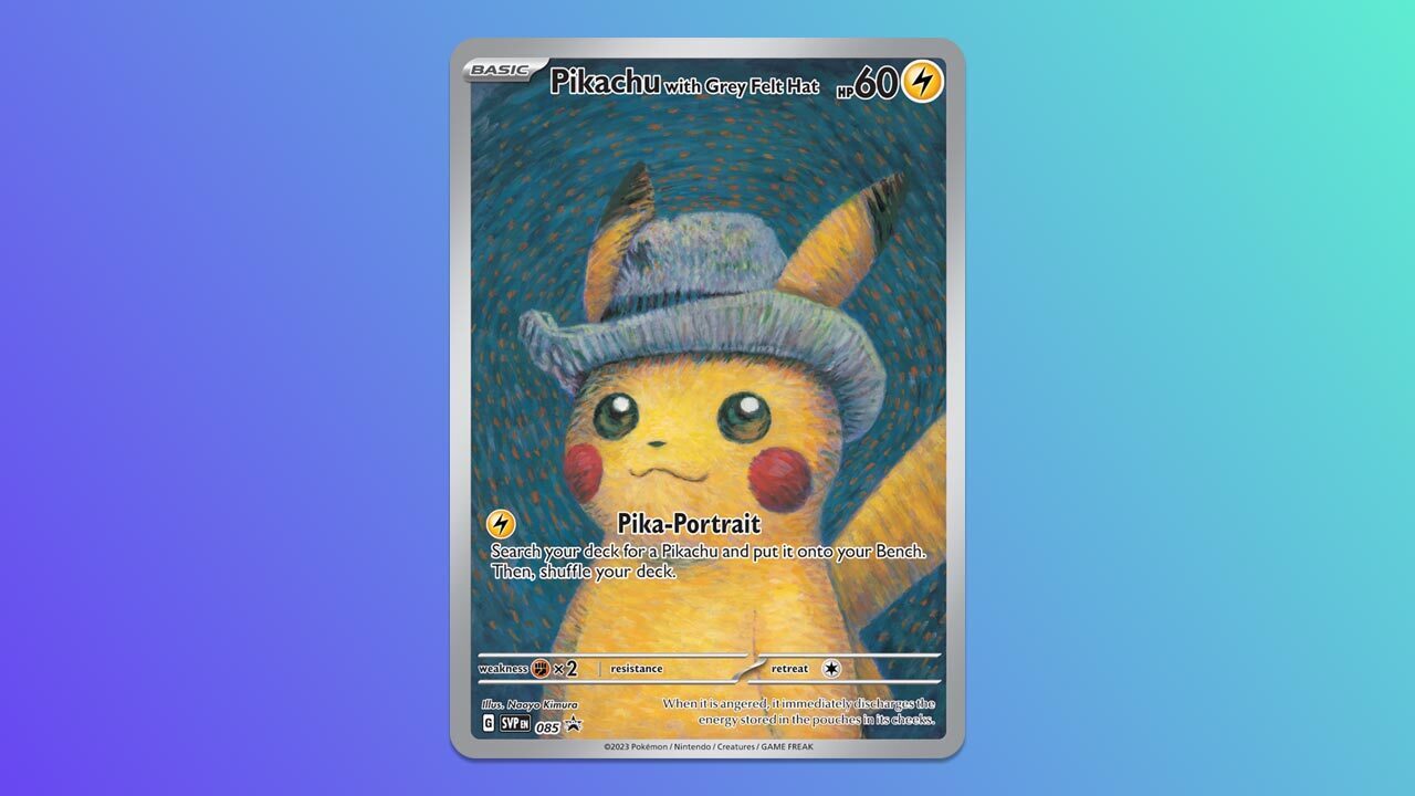 Cette carte Pikachu avec un chapeau en feutre gris était un article promotionnel spécial lors de l'exposition Pokémon du musée Van Gogh.