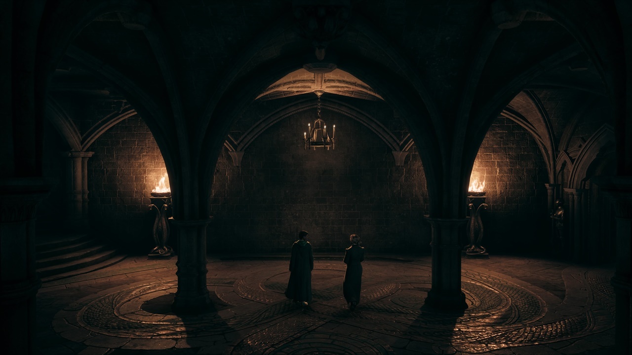 The Slytherin Common Room is located in the bowels of the dungeons, complete with a coiled serpent.