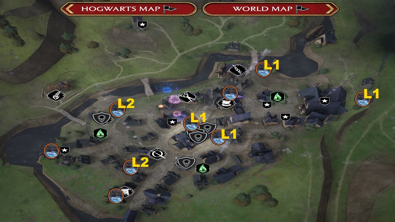 This map contains the locations of semi-invisible statues in Hogsmeade Village.  We indicate which ones have a level 1 block and which ones have a level 2 block.
