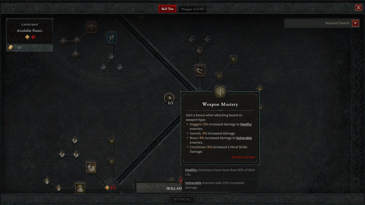 Diablo 4 Rogue Weapon Mastery yeteneği, kullandığınız silaha göre bonuslar verir.