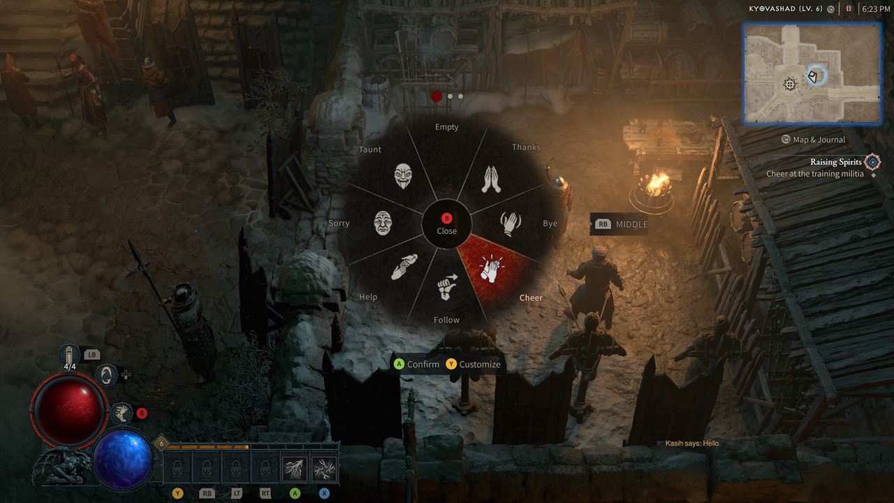 Kyovashad and other locations in Diablo 4 have side quests (e.g. blue exclamation point icons).  For example, the game in Kyovashad tasks you with cheering on a group of guards, which you can accomplish by opening your action wheel and selecting the Cheer icon.