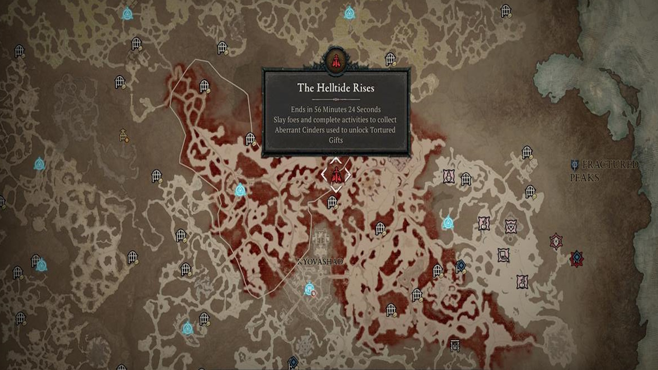 The map shows portions of Kyovashad that look bloodstained, signifying that a Helltide is active in those zones. 