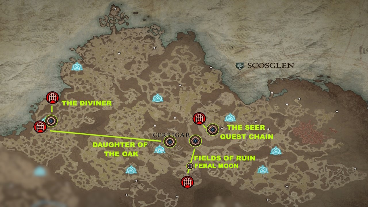 Mazmorras de Scosglen con mapa de misiones secundarias