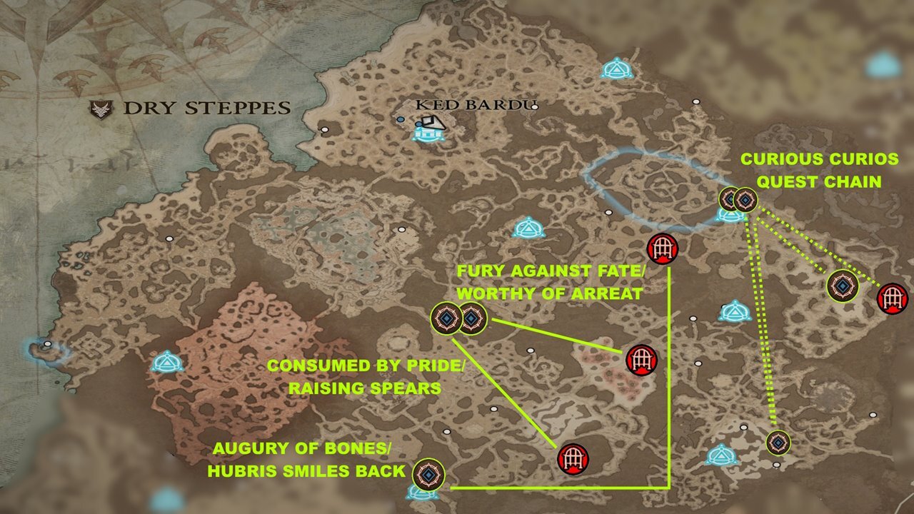 Mazmorras de Dry Steppes con mapa de misiones secundarias