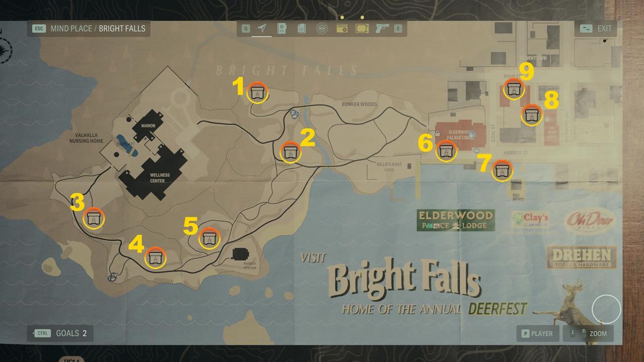 A map of the Cult Stash locations in Bright Falls 