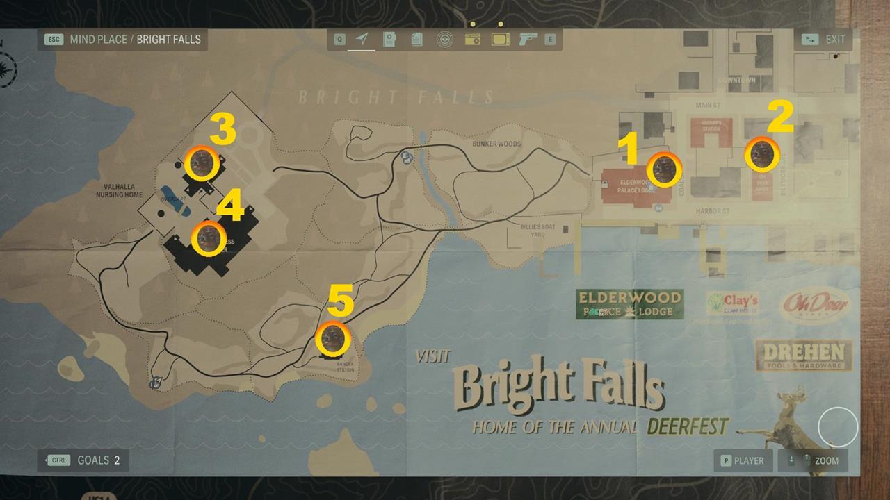 Un mapa que muestra las cabezas de ciervo en Bright Falls.  