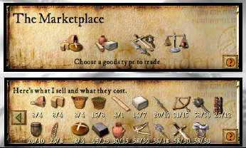 The marketplace screen is emblematic of the daunting number of resources to juggle in this real-time strategy game.