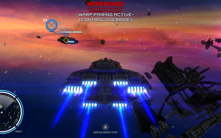 In this picture about an escort mission, the player broke out of warp pairing because the computer-controlled escortee did not bother to veer out of the way of an asteroid.