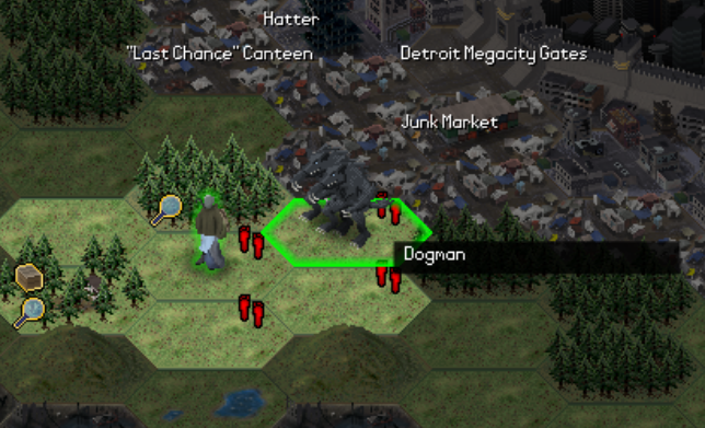 Dogmen sometimes would shadow the player character into the vicinity of New Detroit City. This usually does not end well for them, for the city’s heavily armed soldiers eagerly engage them on sight.