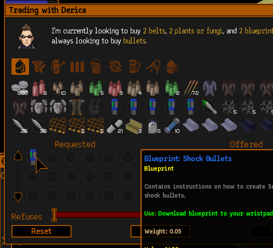 Derica sells all kinds of goods in her store in Core City, including blueprints for special ammunition.