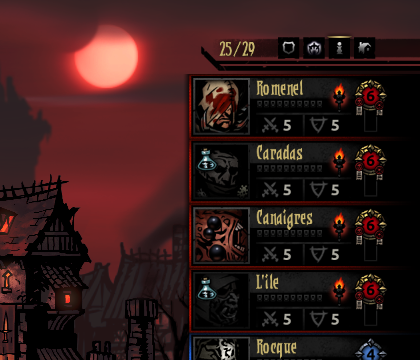 Characters that have survived the Darkest Dungeon have torch icons next to their name.