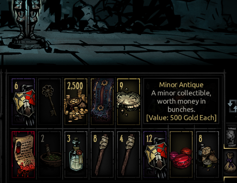 The loot antiques found by the Antiquarian can be stacked to numbers greater than gems.