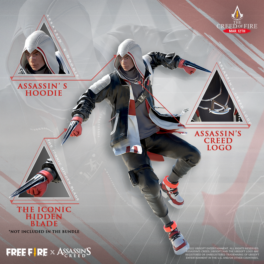 Das moderne Attentäter-Kostüm aus der Zusammenarbeit von Free Fire x Assassin's Creed.