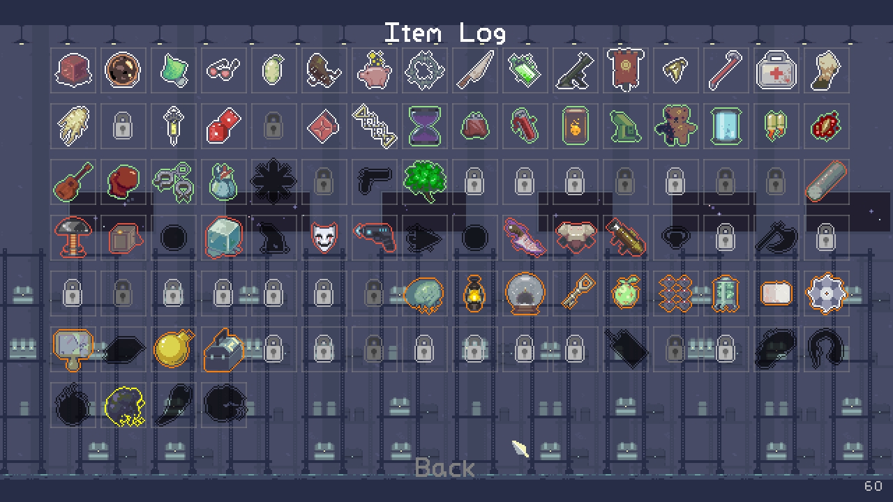 The item log categorizes every piece of equipment found in the game.