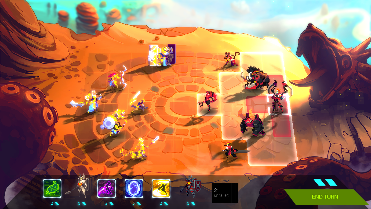 Defeating a player's general, such as the one highlighted on red's side, is your primary goal in Duelyst.