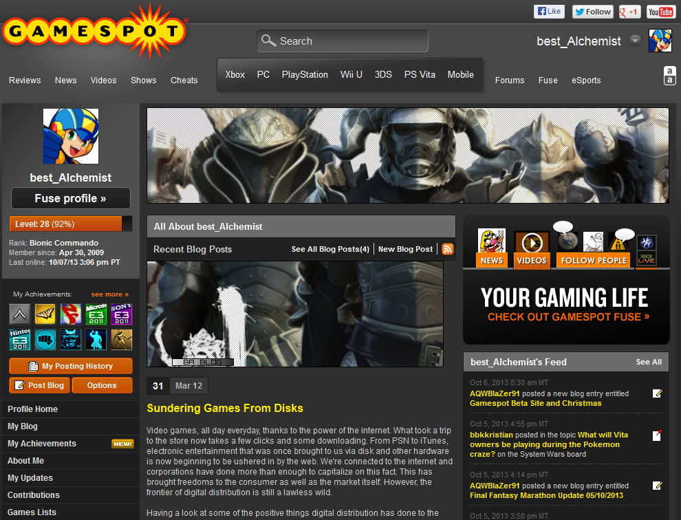 Screenshot of my old GameSpot profile