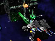 A valiant Federation fleet takes on a giant Borg fusion cube.