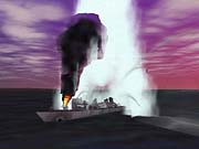 A hapless destroyer falls prey to a Tomahawk missile launched from a sub.
