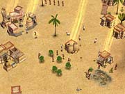 With the pharaoh and several priests, an Egyptian player can boost production at several buildings, such as the mining camp, granary, and town center here.
