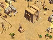 Several Egyptian monuments, from small statues to large, square temples.