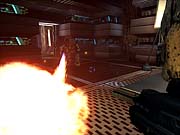 Unreal II will have standard weapons--like this flamethrower--as well as an exotic alien arsenal.