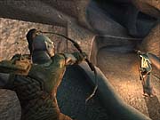 An orc takes aim at an unsuspecting Gandalf.